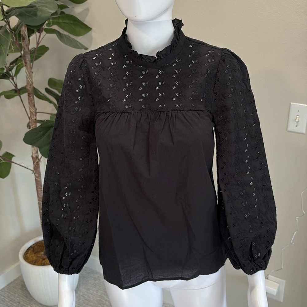 Madewell Black Eyelet Peasant Blouse Sz XXS Ruffle Tie Neck Balloon Long Sleeve - Picture 12 of 12